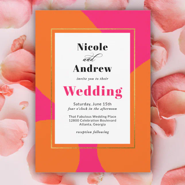 Modern Hot Pink and Orange Abstract Wedding Invitation | Zazzle