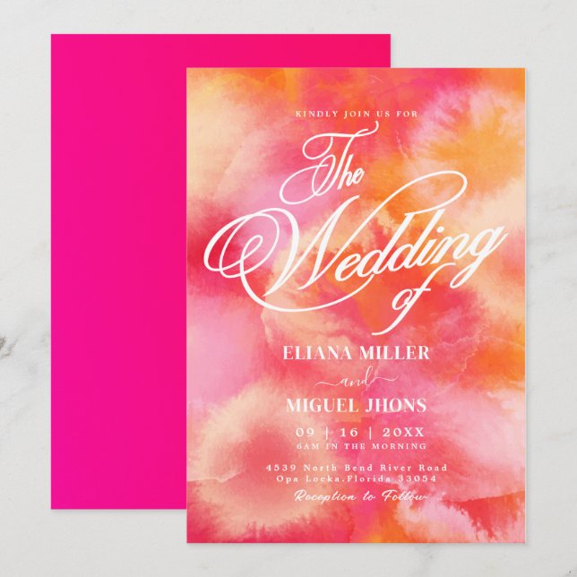 Modern hot Pink and Orange watercolor Wedding Invi Invitation (Front/Back)