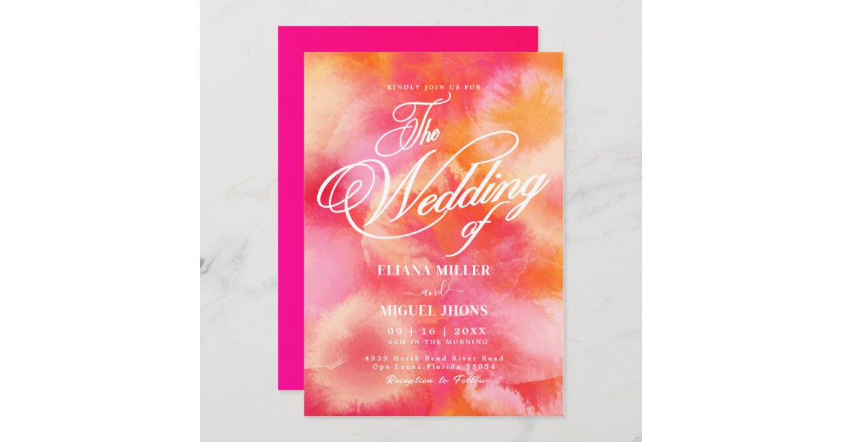 Modern hot Pink and Orange watercolor Wedding Invi Invitation