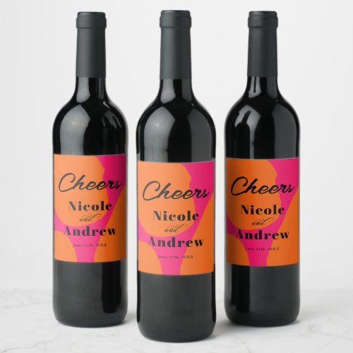 Modern Hot Pink and Orange Wedding Wine Label