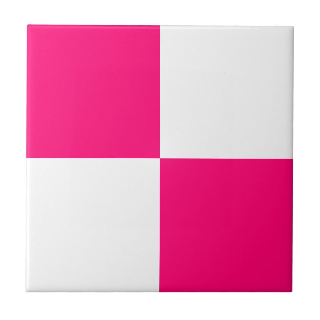 Modern Hot Pink and White Checkered Ceramic Tile (Front)