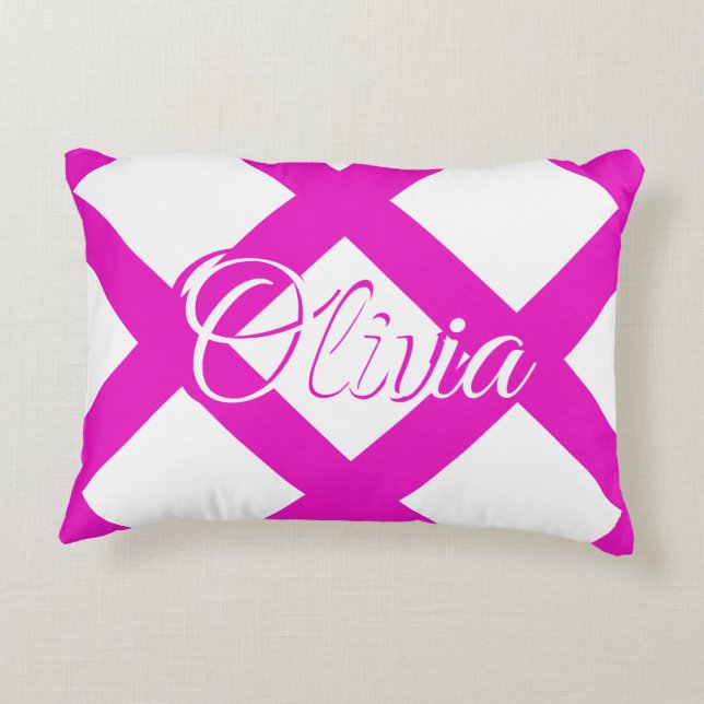 Modern Hot Pink and White, custom Name Accent Pillow (Back)