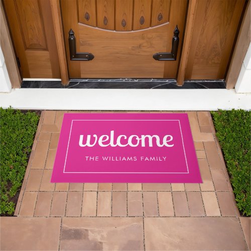 Modern Hot Pink and White Personalized Welcome Doormat