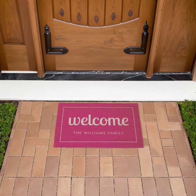 Modern Hot Pink and White Personalized Welcome Fiber Doormat (Insitu (Outdoor))