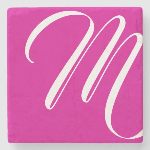 Modern Hot Pink And White Script Monogram Stone Coaster