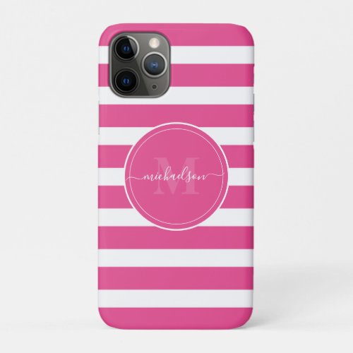 Modern Hot Pink and White Stripes Monogram Name  iPhone 11 Pro Case