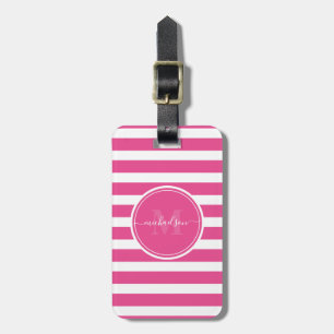 Modern Hot Pink and White Stripes Monogram Name Luggage Tag