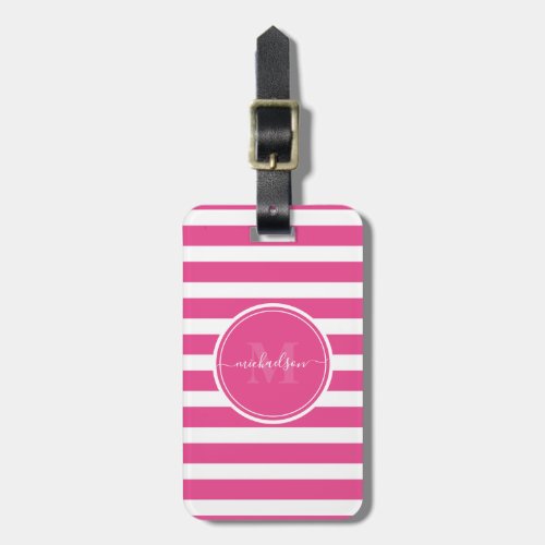 Modern Hot Pink and White Stripes Monogram Name  Luggage Tag