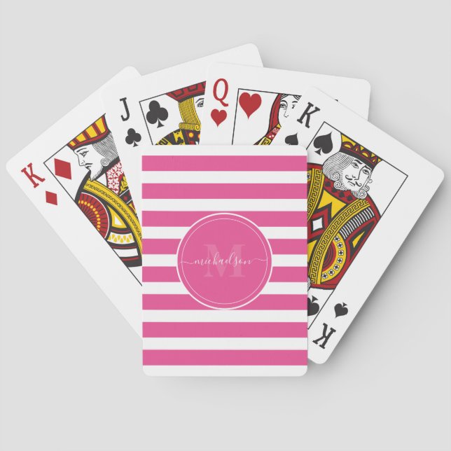 Modern Hot Pink and White Stripes Monogram Name Poker Cards (Back)