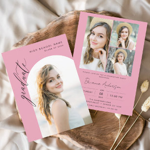 Modern Hot Pink Arch Photo Graduation Party Invitation
