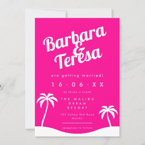 Modern Hot Pink Barbiecore Trendy Beach Wedding Invitation