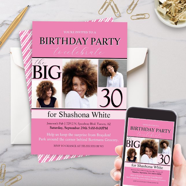 Modern Hot Pink Black 3 Photo Birthday Invitation (hot pink black and white theme photo collage birthday party invitation for adults or kids with age)