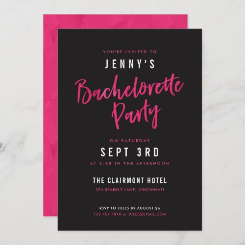 Modern Hot Pink  Black Bachelorette Party Invites