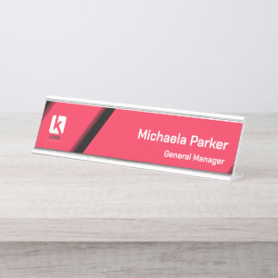 Modern Hot Pink Black Custom Logo Office Desk Name Plate