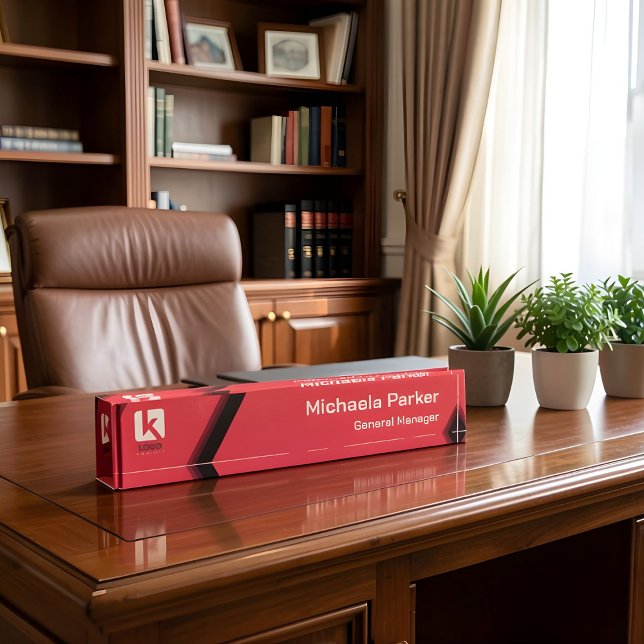 Modern Hot Pink Black Custom Logo Office Desk Name Plate (Creator Uploaded)