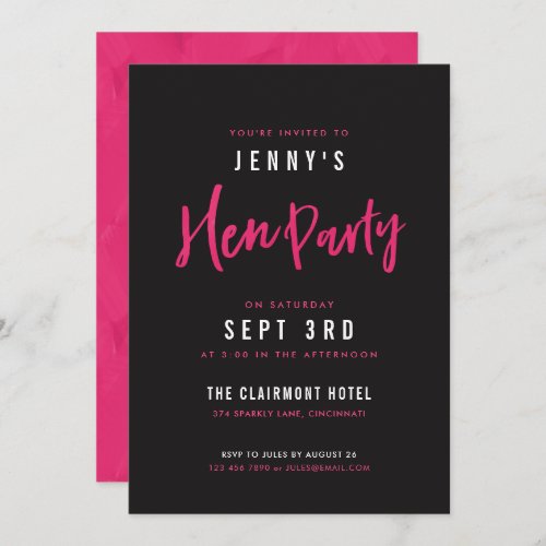 Modern Hot Pink  Black Hen Party Invites