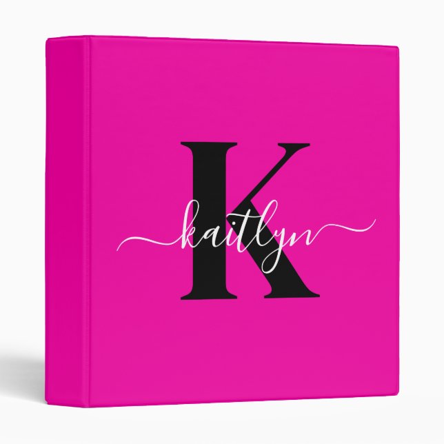 Modern Hot Pink Black Script Monogram 3 Ring Binder (Front/Spine)