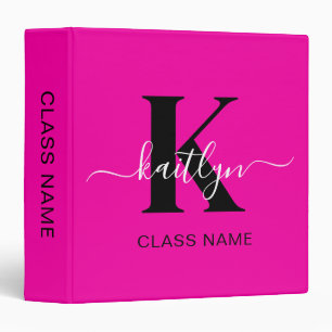 Modern Hot Pink Black Script Monogram Class 3 Ring Binder