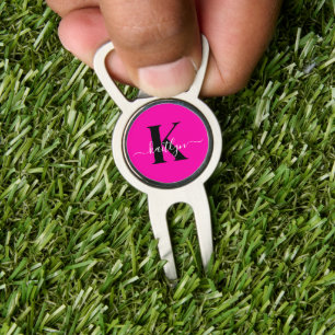 Modern Hot Pink Black Script Monogram Divot Tool