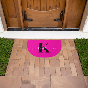 Modern Hot Pink Black Script Monogram Doormat