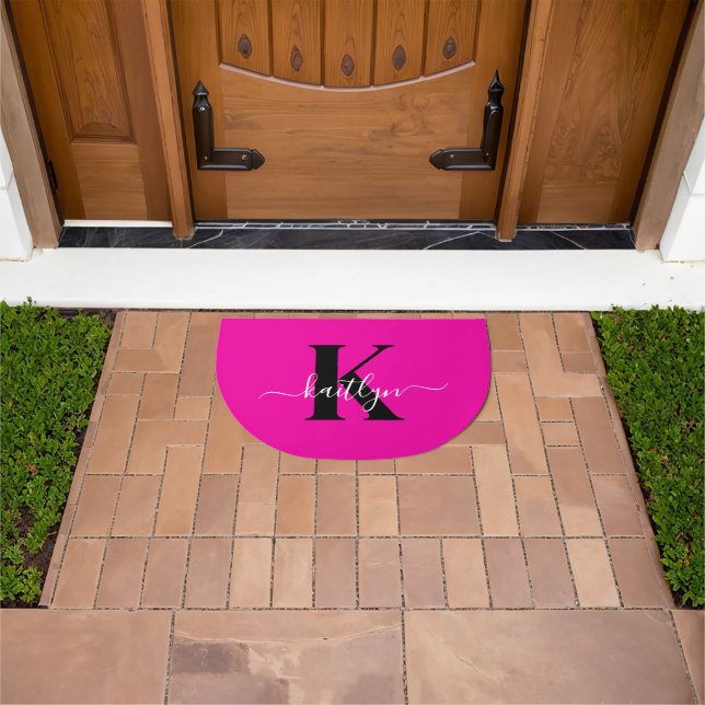 Modern Hot Pink Black Script Monogram Doormat (Outdoor)
