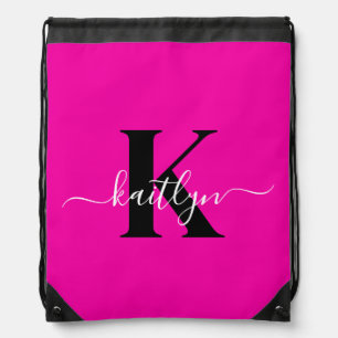 Modern Hot Pink Black Script Monogram Drawstring Bag