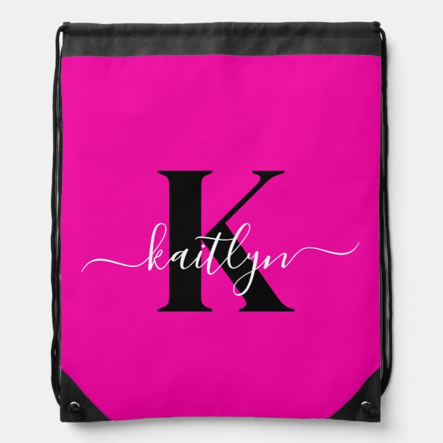 Modern Hot Pink Black Script Monogram Drawstring Bag (Front)
