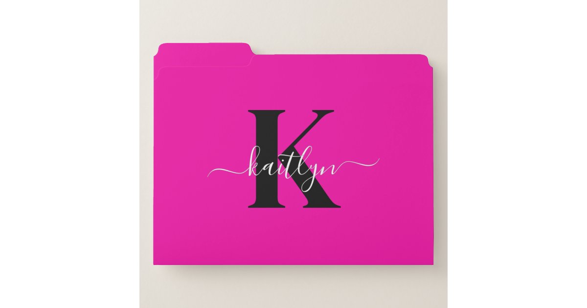 Modern Hot Pink Black Script Monogram File Folder | Zazzle