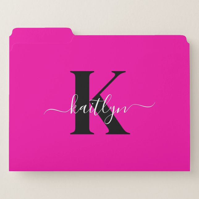 Modern Hot Pink Black Script Monogram File Folder (Front Left)
