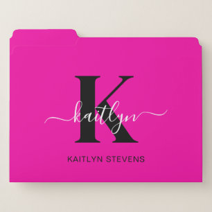 Modern Hot Pink Black Script Monogram File Folder