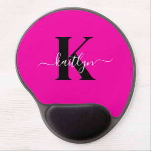 Modern Hot Pink Black Script Monogram Gel Mouse Pad