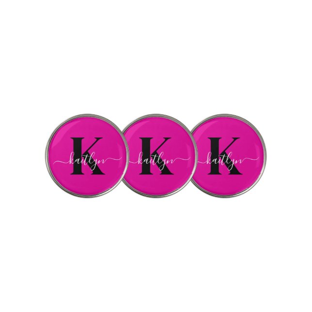 Modern Hot Pink Black Script Monogram Golf Ball Marker (3 Up)