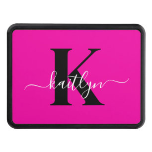 Modern Hot Pink Black Script Monogram Hitch Cover