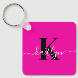 Modern Hot Pink Black Script Monogram Keychain