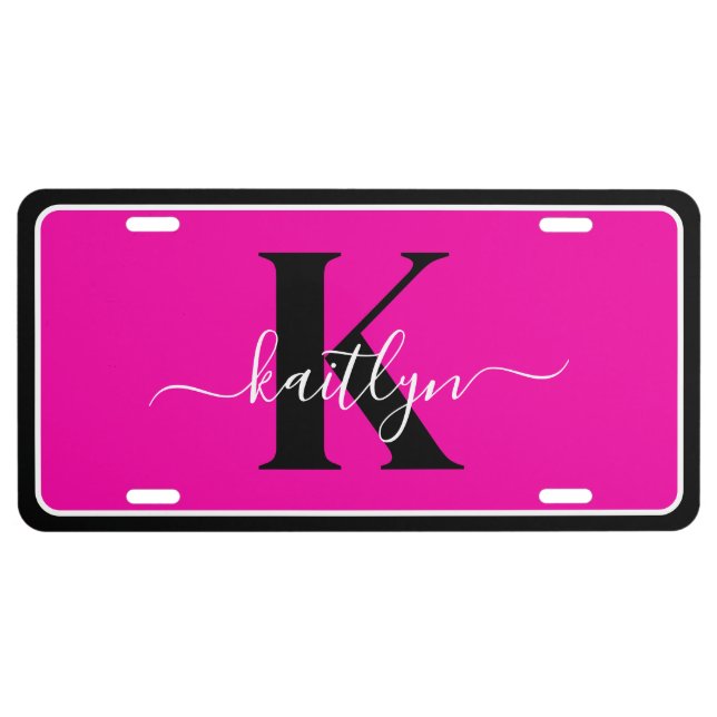 Modern Hot Pink Black Script Monogram License Plate (Front)
