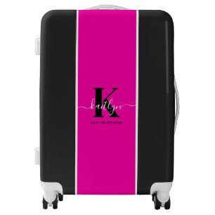 Modern Hot Pink Black Script Monogram Luggage
