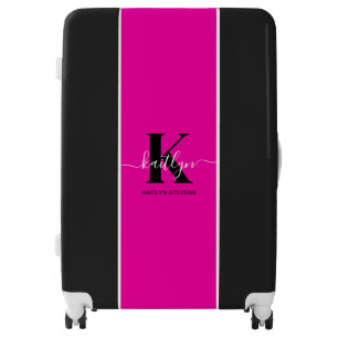 Modern Hot Pink Black Script Monogram Luggage