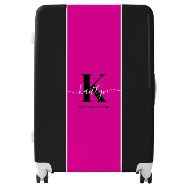 Modern Hot Pink Black Script Monogram Luggage (Front)