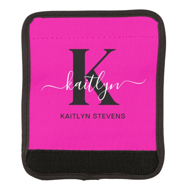 Modern Hot Pink Black Script Monogram Luggage Handle Wrap (Front)