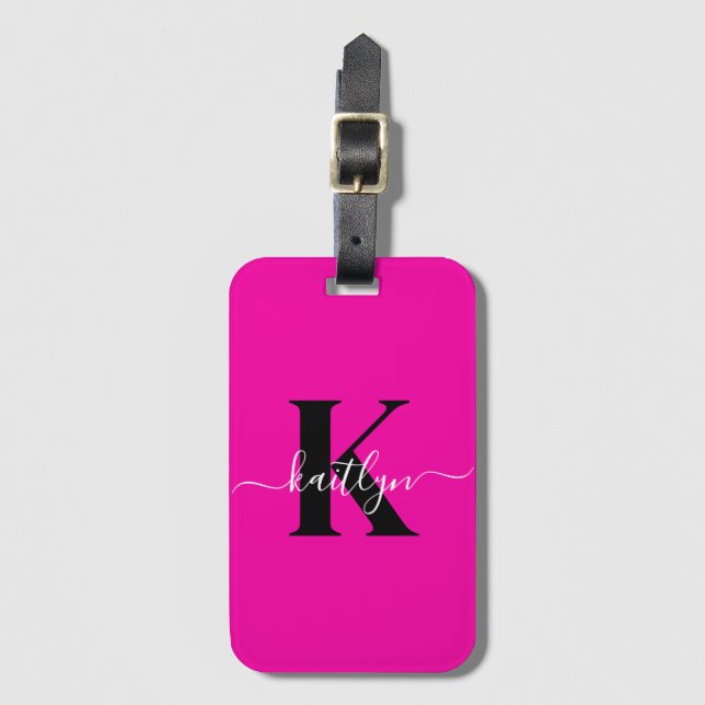 Modern Hot Pink Black Script Monogram Luggage Tag (Front Vertical)
