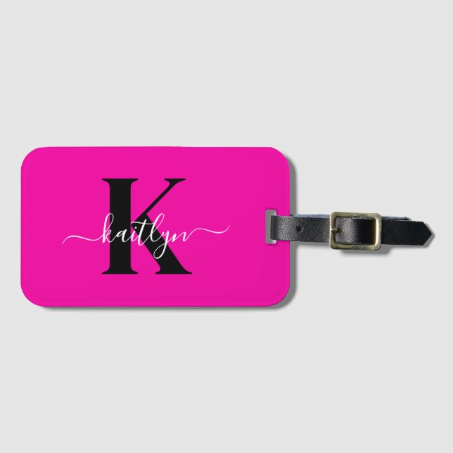 Modern Hot Pink Black Script Monogram Luggage Tag (Front Horizontal)