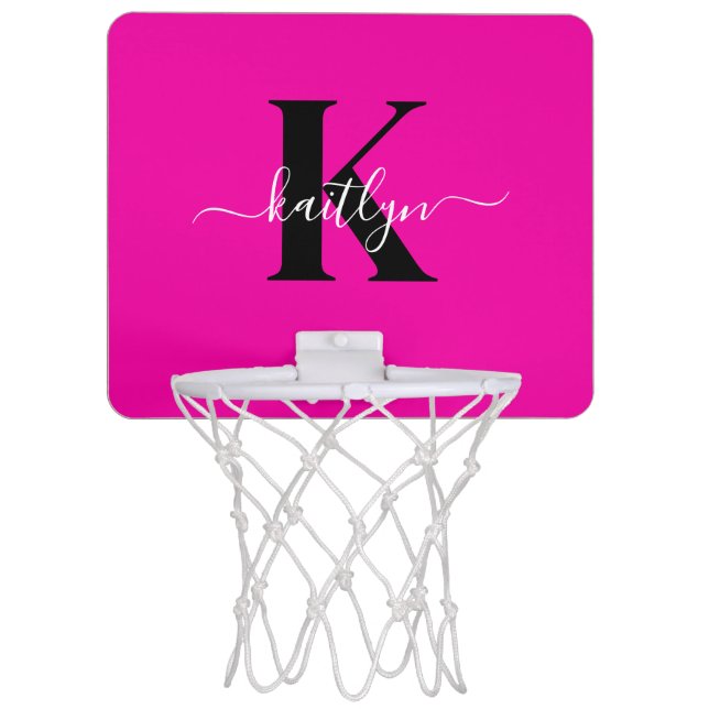 Modern Hot Pink Black Script Monogram Mini Basketball Hoop (Front)