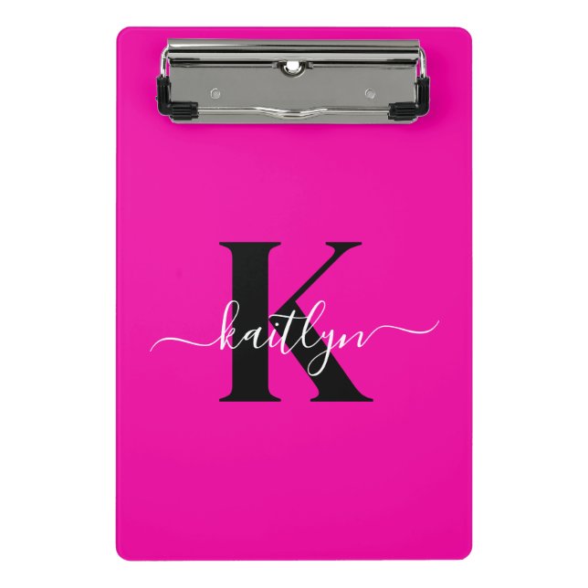 Modern Hot Pink Black Script Monogram Mini Clipboard (Front)