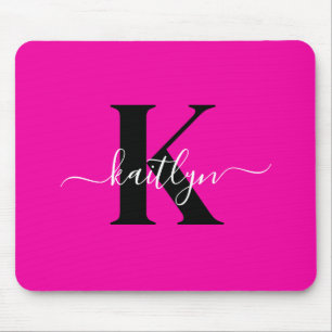 Modern Hot Pink Black Script Monogram Mouse Pad