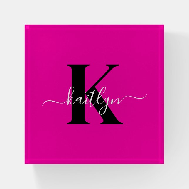 Modern Hot Pink Black Script Monogram Paperweight (Front)