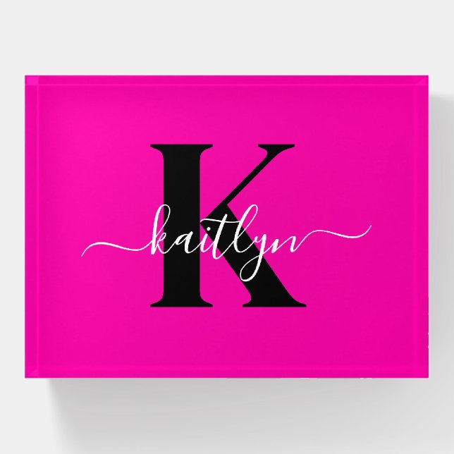 Modern Hot Pink Black Script Monogram Paperweight (Front)