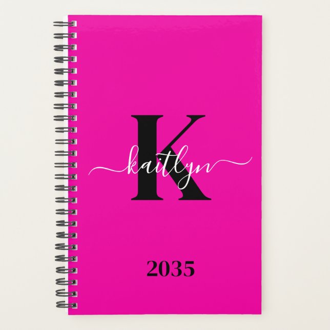 Modern Hot Pink Black Script Monogram Planner (Front)