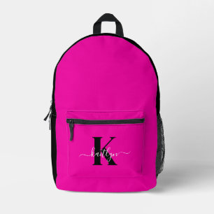 Modern Hot Pink Black Script Monogram Printed Backpack