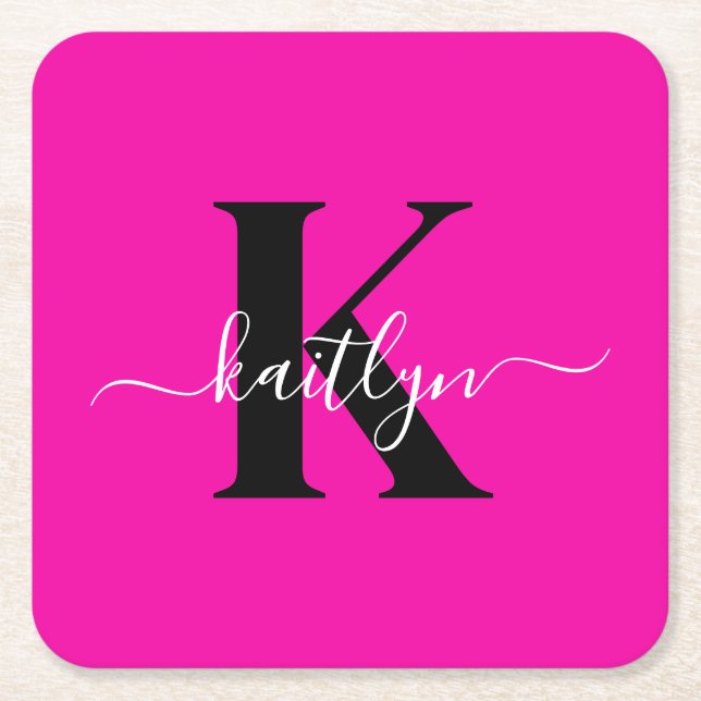 Modern Hot Pink Black Script Monogram Square Paper Coaster (Front)