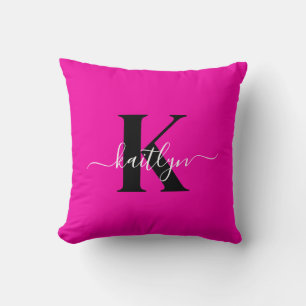 Modern Hot Pink Black Script Monogram Throw Pillow